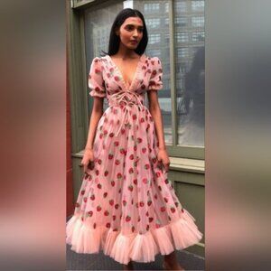 Unbranded Sequin Strawberry Dress Women Size M Pink Tulle Puff Sleeve Midi Coque